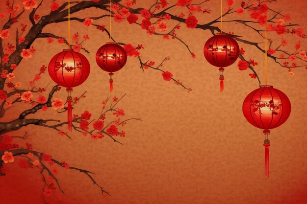 Chinese new year background with traditional lanterns sakura flowers and copy space Lunar new year