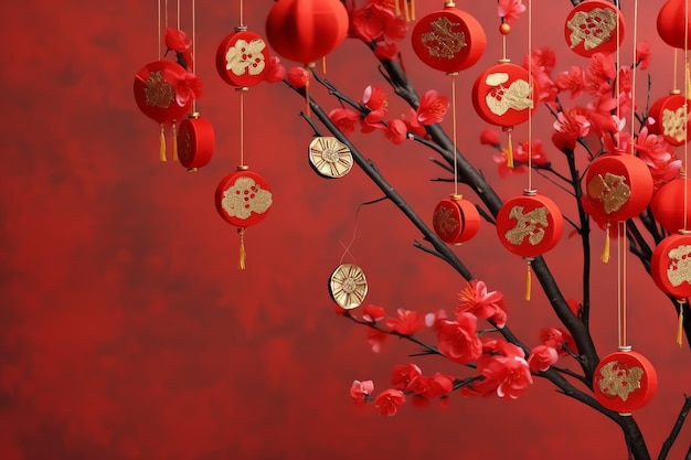 Chinese new year background with traditional lanterns sakura flowers and copy space Lunar new year