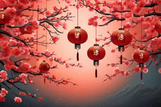 Chinese new year background with traditional lanterns sakura flowers and copy space Lunar new year