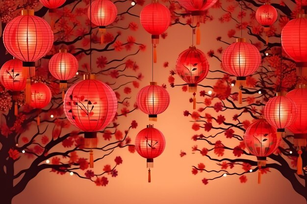 Chinese new year background with traditional lanterns sakura flowers and copy space Lunar new year