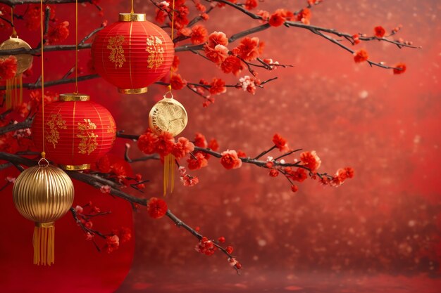 Chinese new year background with traditional lanterns sakura flowers and copy space Lunar new year