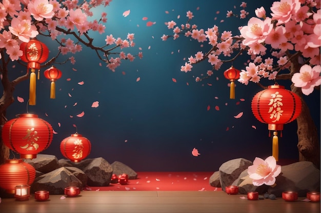 Chinese new year background with traditional lanterns and sakura flowers