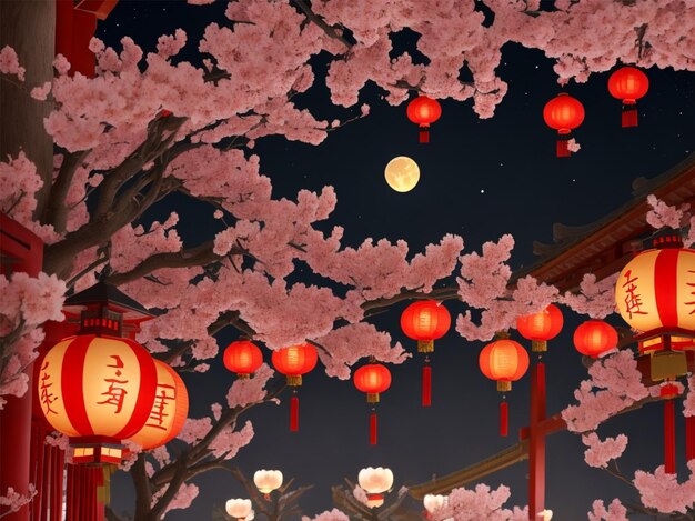 Chinese New Year background with traditional lanterns sakura flowers