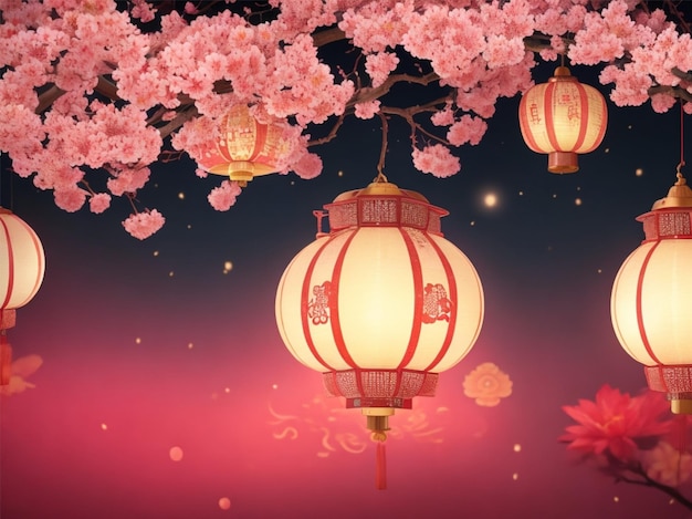 Chinese New Year background with traditional lanterns sakura flowers