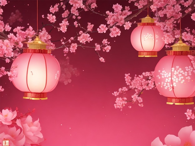 Chinese New Year background with traditional lanterns sakura flowers