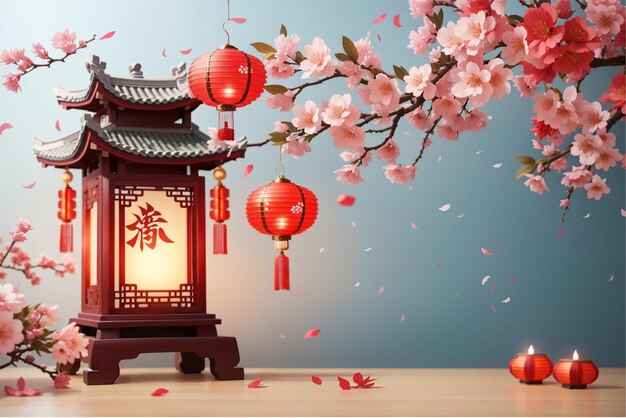 Chinese New Year background with traditional lanterns sakura flowers