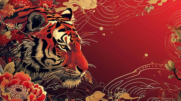 Chinese New Year Banner with Red Tigers Golden Lines and Red Background Lunar New Year Background