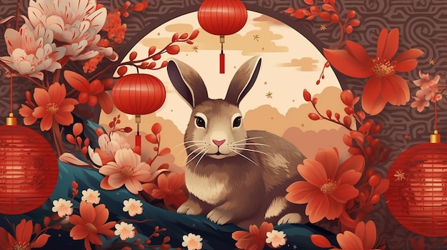 A chinese new year card with a rabbit and lanterns