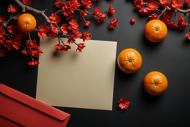 Photo chinese new year celebration with red envelopes and oranges