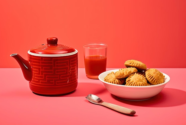 chinese new year chow mein pot with cookies and tea on a red in the style of minimalist background