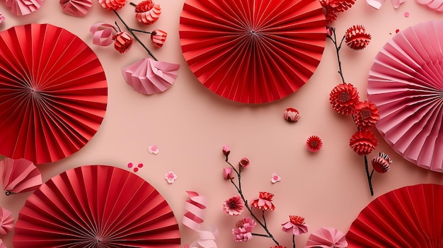 Chinese New Year dcor arrangement Top view of red paper fans and sakura bloom on a f Generative AI