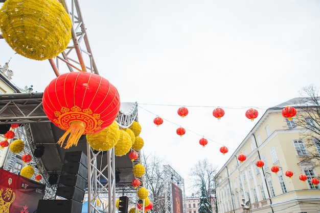 Chinese new year decoration lights at european city streets