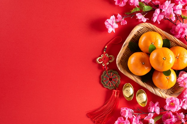 Chinese new year decorations  on a red background.