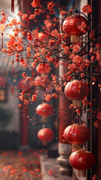 Chinese New Year decorations with red lanterns and cherry blossoms