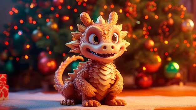 Chinese New Year of the Dragon 2024 New Year poster with cartoon 3d dragon on the Christmas tree