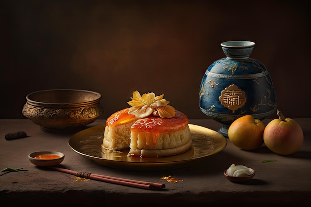 Chinese new year in form of traditional delicious shu cake on table created with generative ai