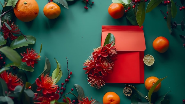 Chinese New Year of Green Dragon Red packet envelope flowers mandarins festival deco Generative AI