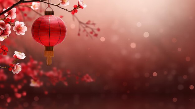 Chinese New Year Red Background with Plum Blossom and 3D Lantern Elements