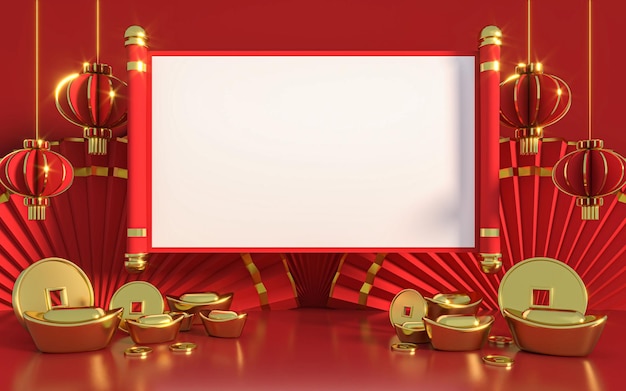 Chinese New Year on Red Background with Space for Message. 3d rendering