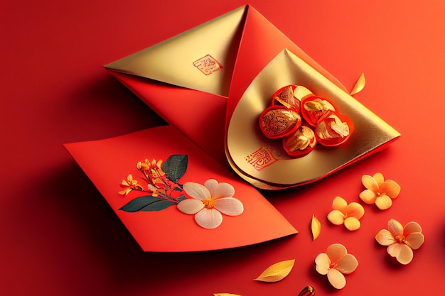 Chinese New Year Red envelopes gold ingots oranges and Chinese blossom flowers on red background