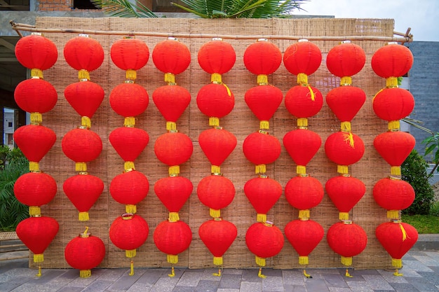 Chinese New year red paper lantern decoration in resort Traditional red lanterns gifts and decorations at resort for tourist taking photo during Tet Holiday