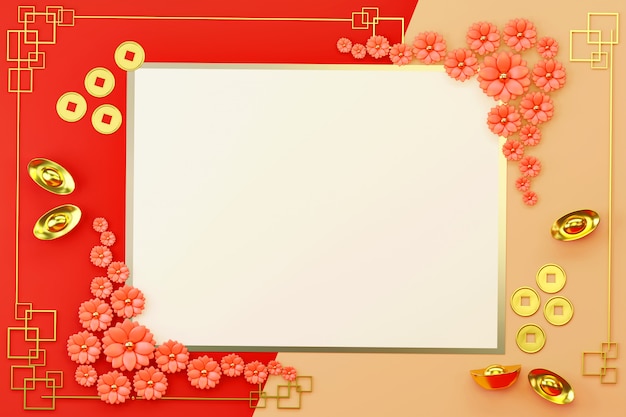 Chinese New Year's Flat Lay Card Border Frame with Chinese Gold ,Money and Flower Object Decoration, 3D render.