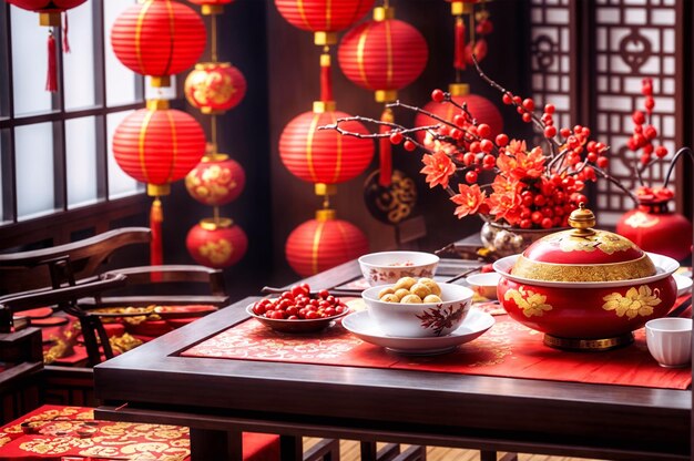 a Chinese New Year setting with a dining table adorned with red and gold decorations