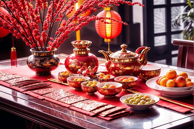 a Chinese New Year setting with red lanterns hanging a table set with traditional foods