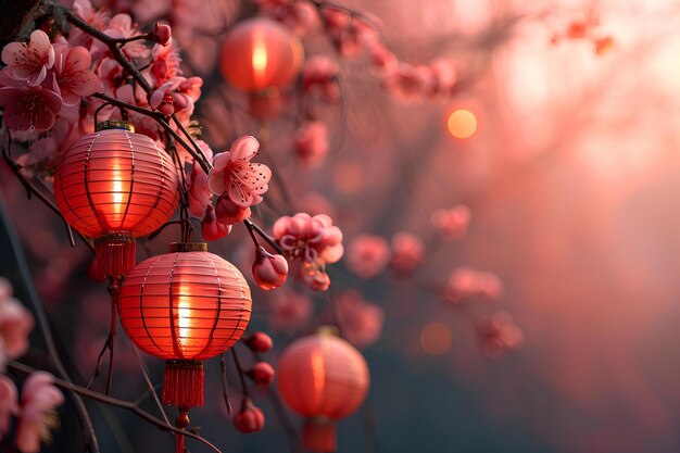 Chinese new year wallpaper in red lanterns hanging on bamboo tree branches