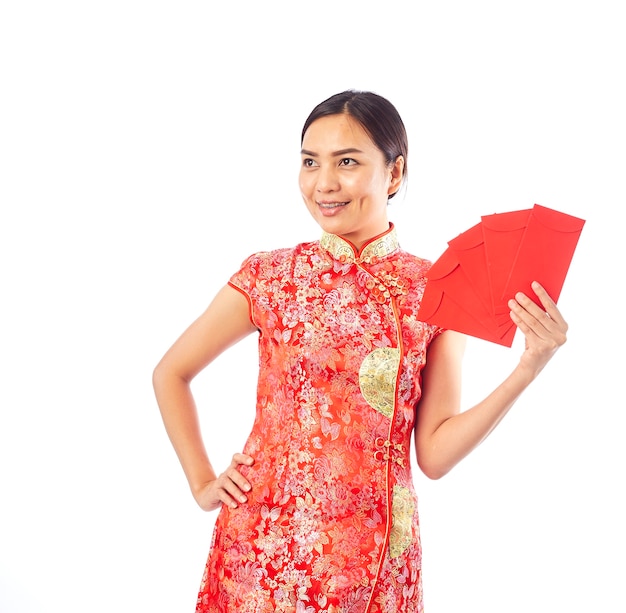 chinese new year woman holding red envelope