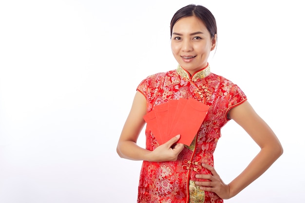 chinese new year woman holding red envelope