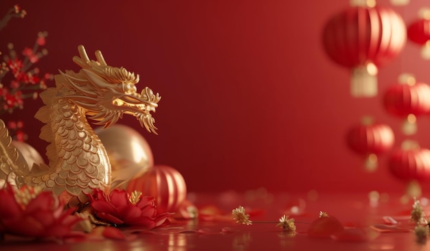 Chinese Newyear and flower lantern elements Chinese red background gold dragon For decorating cover