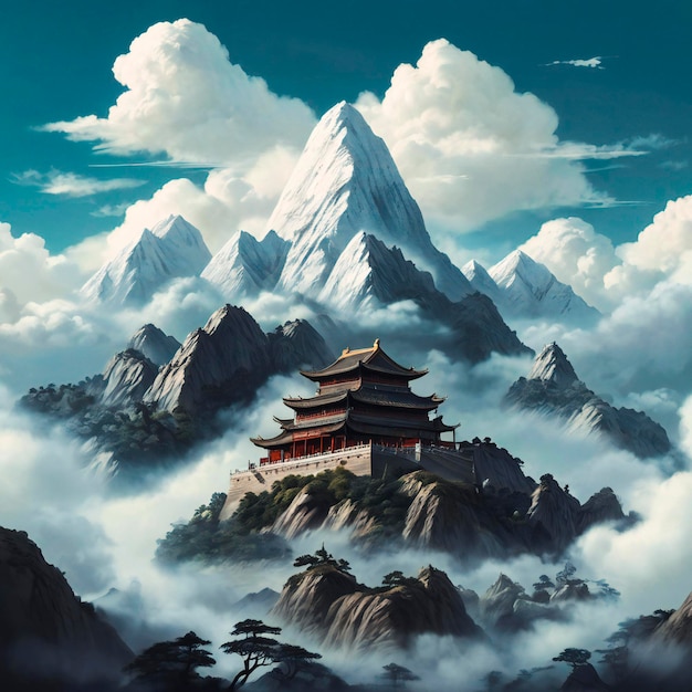 a chinese pagoda is above the clouds and mountains