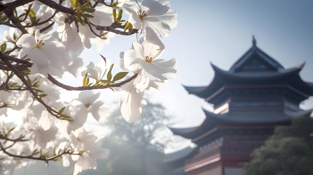 A chinese pagoda is framed by a tree with a chinese pagoda in the background.