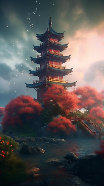 A chinese pagoda in the water