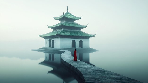 Photo a chinese pagoda with a man in a red robe is standing in front of a lake