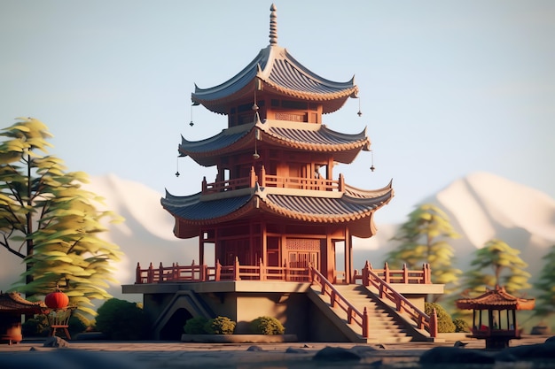 A chinese pagoda with a mountain in the background