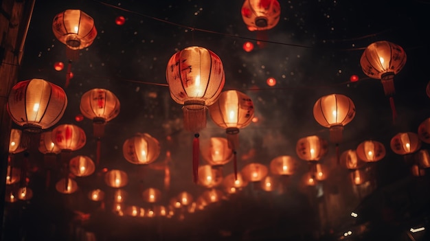 Chinese paper lanterns in the night sky