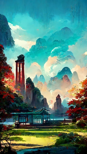 Chinese pavilion by the lake in the forest 3D illustration