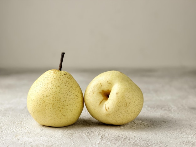 Chinese pear or Asian pear on wooden plate isolated on white background. Selective focus