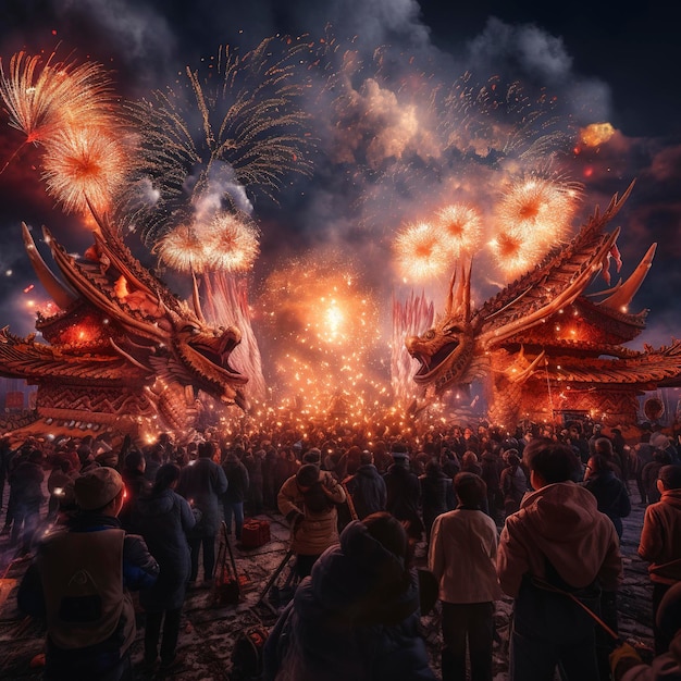 Chinese people are celebrating the New Year with fireworks and dragon dances montage photography s