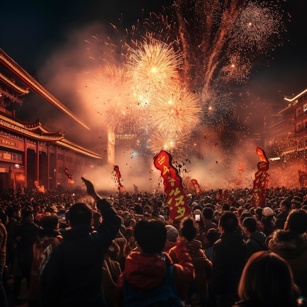 Chinese people are celebrating the New Year with fireworks and dragon dances montage photography s