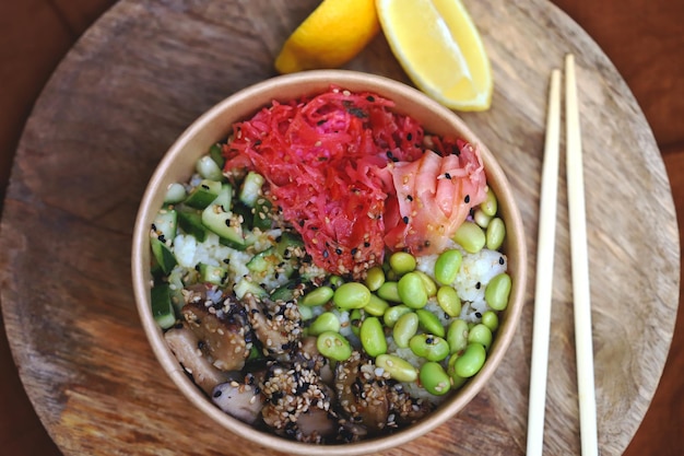 Chinese poke bowl with shiitake mushrooms and pickled ginger