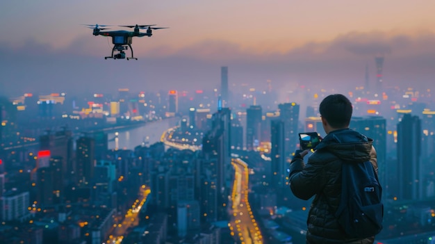 Chinese professional capturing city life through a hightech drone with the smart citys interactive digital landscape sprawling below