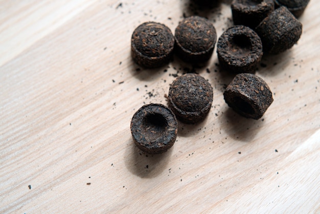 Chinese puer tea discs close-up