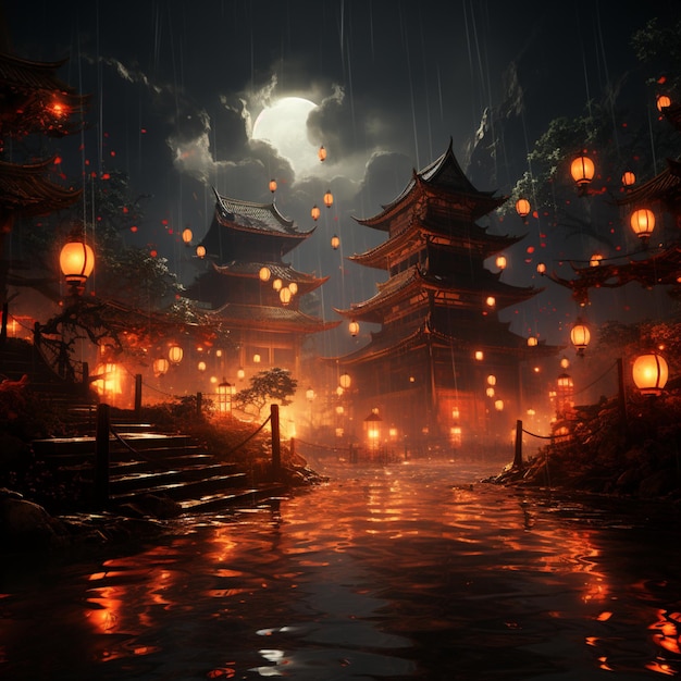 Chinese Red Lanterns Lighting the Night ai generated art