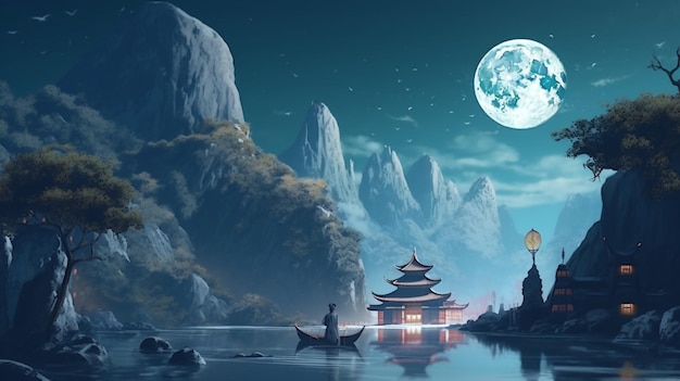 Chinese river some houses on banks sky moon painting Ai generated art