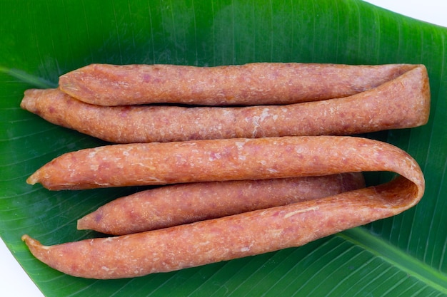 Chinese sausage on banana leaf