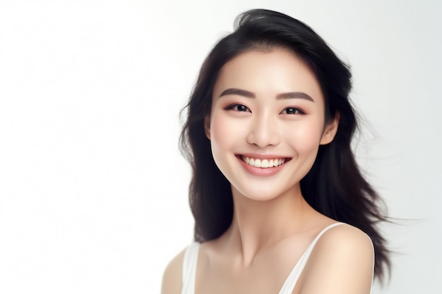 Chinese smiling beauty pure white background graceful gentleness thin face makeup picture