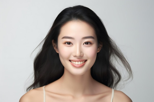 Chinese smiling beauty pure white background graceful gentleness thin face makeup picture